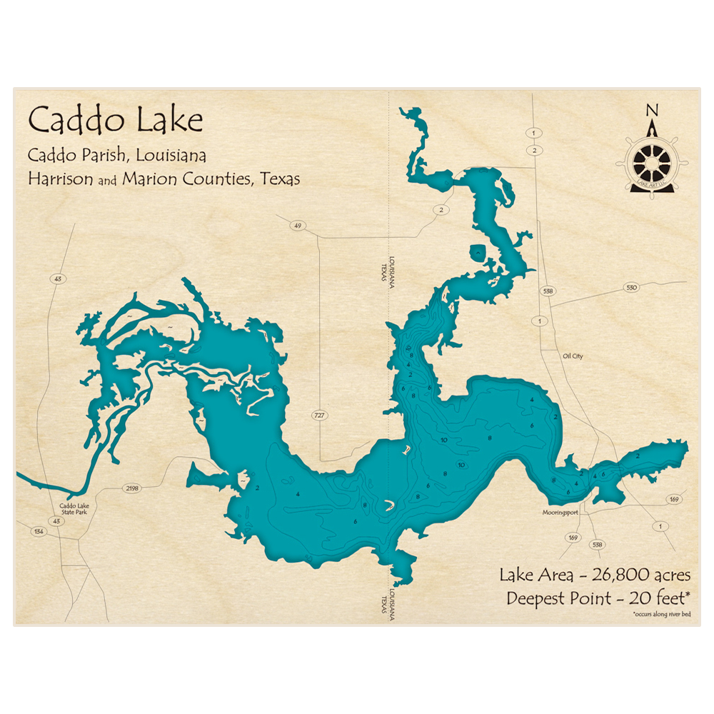 Bathymetric topo map of Caddo Lake with roads, towns and depths noted in blue water