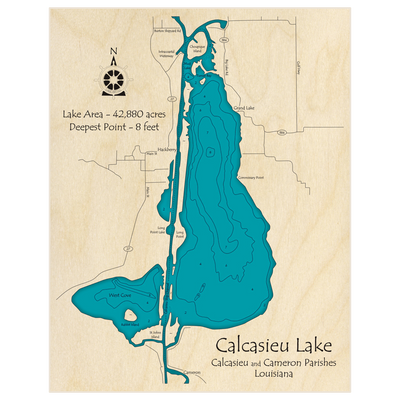 Bathymetric topo map of Calcasieu Lake with roads, towns and depths noted in blue water