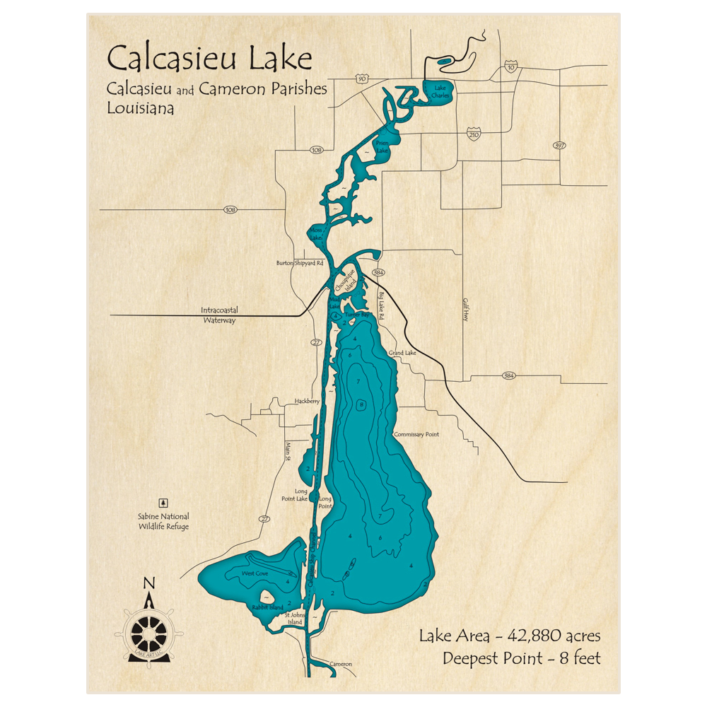 Bathymetric topo map of Calcasieu Lake (extending Northward with Charles Prien and Moss Lakes) with roads, towns and depths noted in blue water
