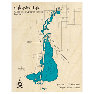 Bathymetric topo map of Calcasieu Lake (extending Northward with Charles Prien and Moss Lakes) with roads, towns and depths noted in blue water