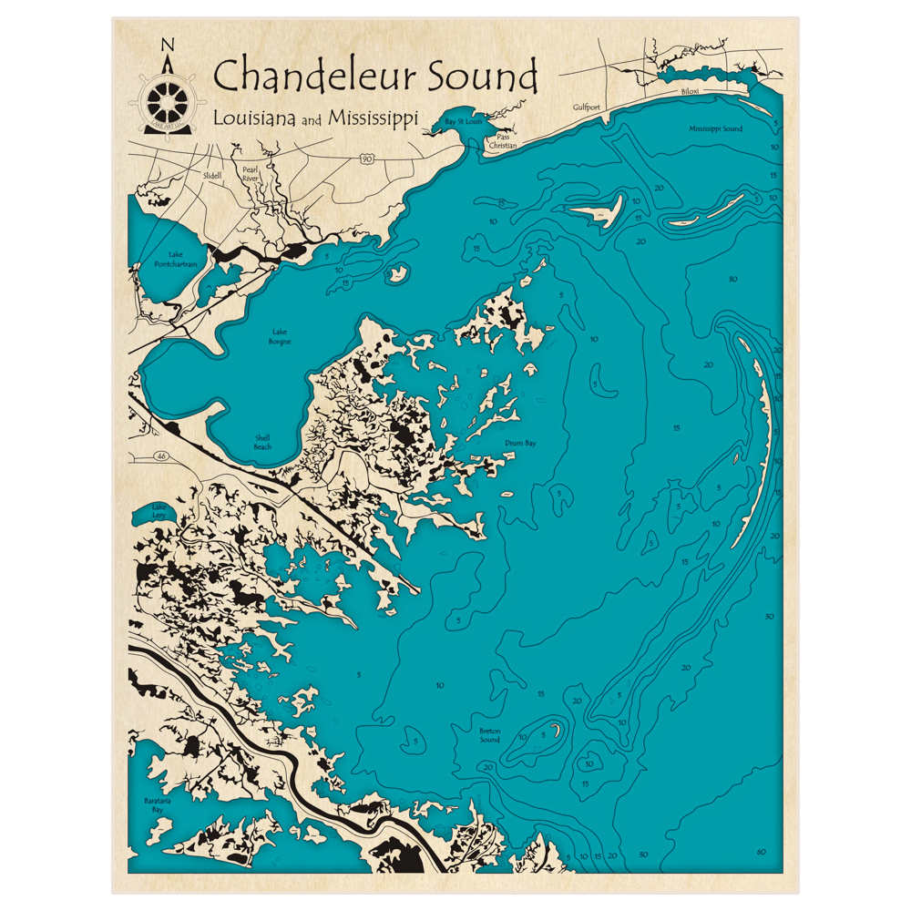 Bathymetric topo map of Chandeleur Sound with roads, towns and depths noted in blue water