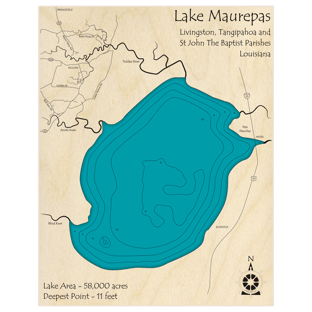 Bathymetric topo map of Lake Maurepas with roads, towns and depths noted in blue water