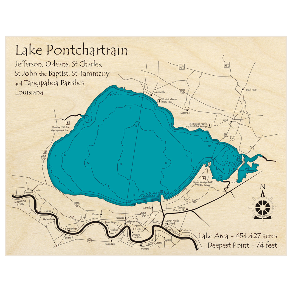 Bathymetric topo map of Lake Pontchartrain with roads, towns and depths noted in blue water