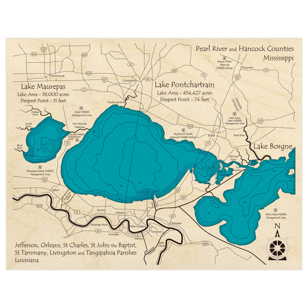 Bathymetric topo map of Lake Pontchartrain (with Borgne and Maurepas) with roads, towns and depths noted in blue water