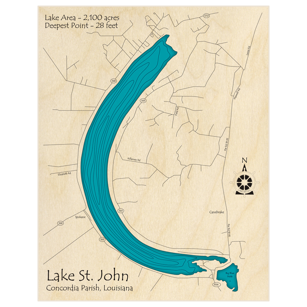 Bathymetric topo map of Lake St John  with roads, towns and depths noted in blue water