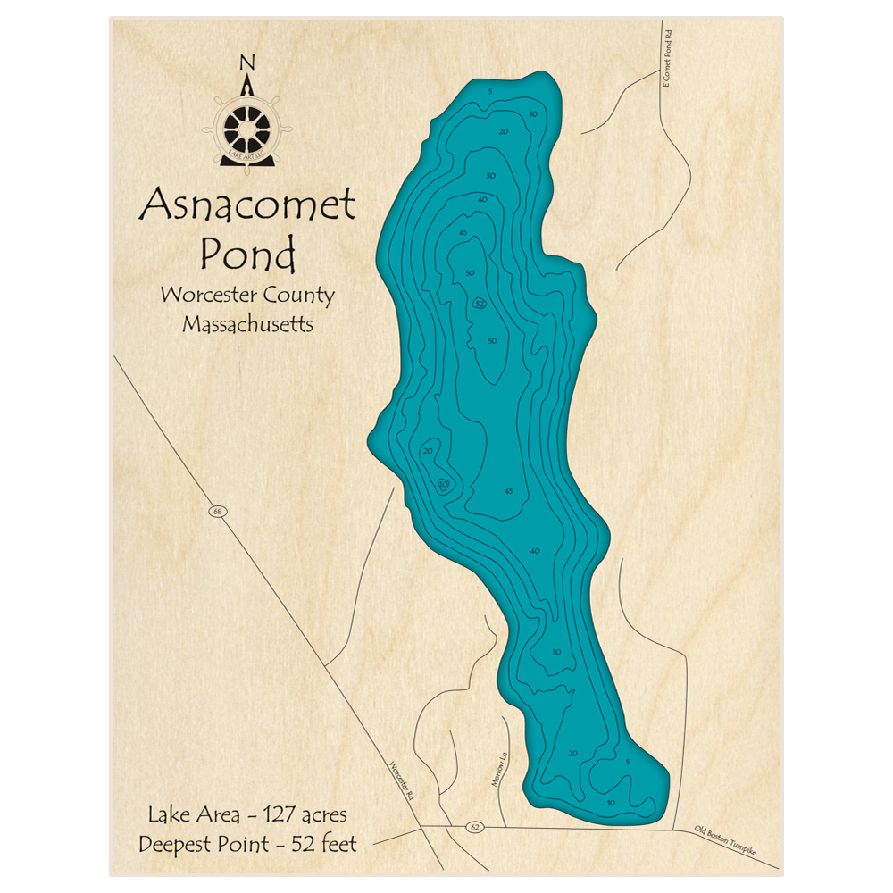Bathymetric topo map of Asnacomet Pond with roads, towns and depths noted in blue water