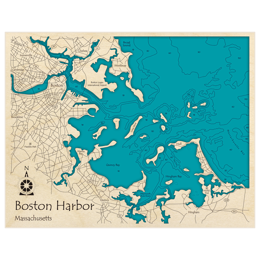 Bathymetric topo map of Boston Harbor with roads, towns and depths noted in blue water