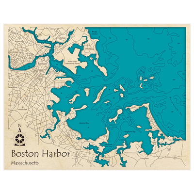 Bathymetric topo map of Boston Harbor with roads, towns and depths noted in blue water