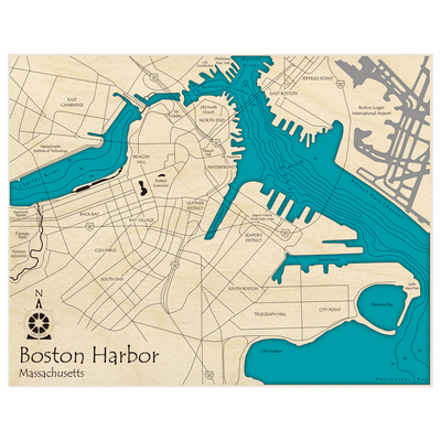 Bathymetric topo map of Boston Harbor (Zoomed in On Boston) with roads, towns and depths noted in blue water