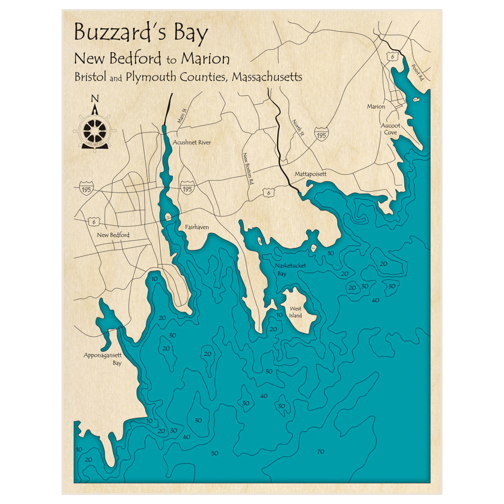 Bathymetric topo map of Buzzards Bay (New Bedford to Marion) with roads, towns and depths noted in blue water