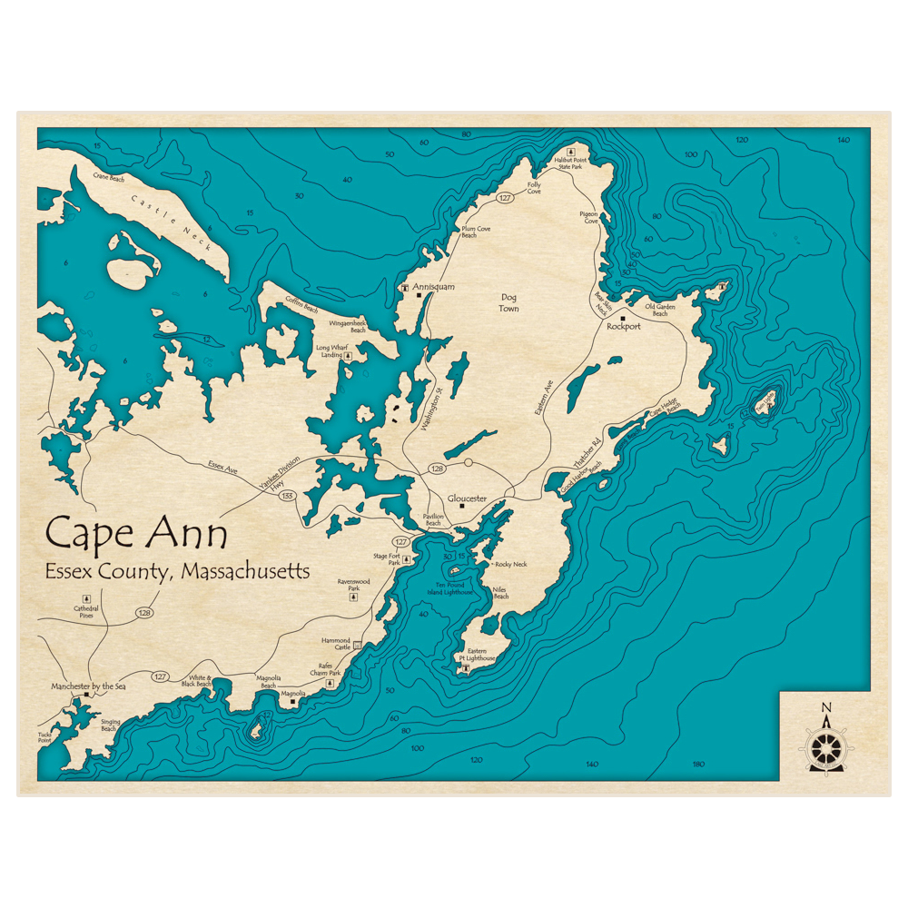 Bathymetric topo map of Cape Ann with roads, towns and depths noted in blue water