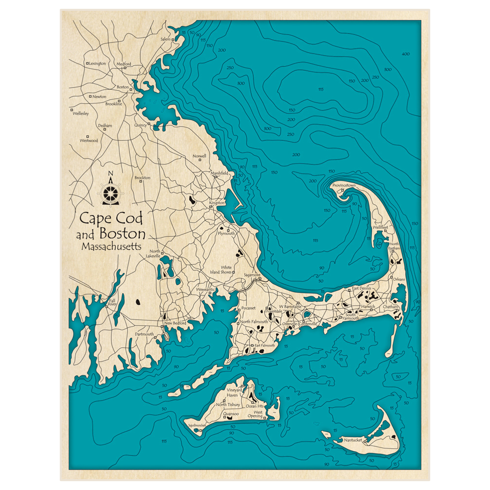 Bathymetric topo map of Cape Cod (Extended Up to Boston) with roads, towns and depths noted in blue water