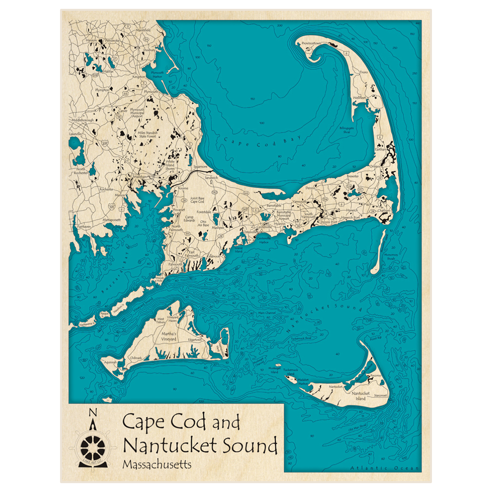 Bathymetric topo map of Cape Cod Bay and Nantucket Sound with roads, towns and depths noted in blue water
