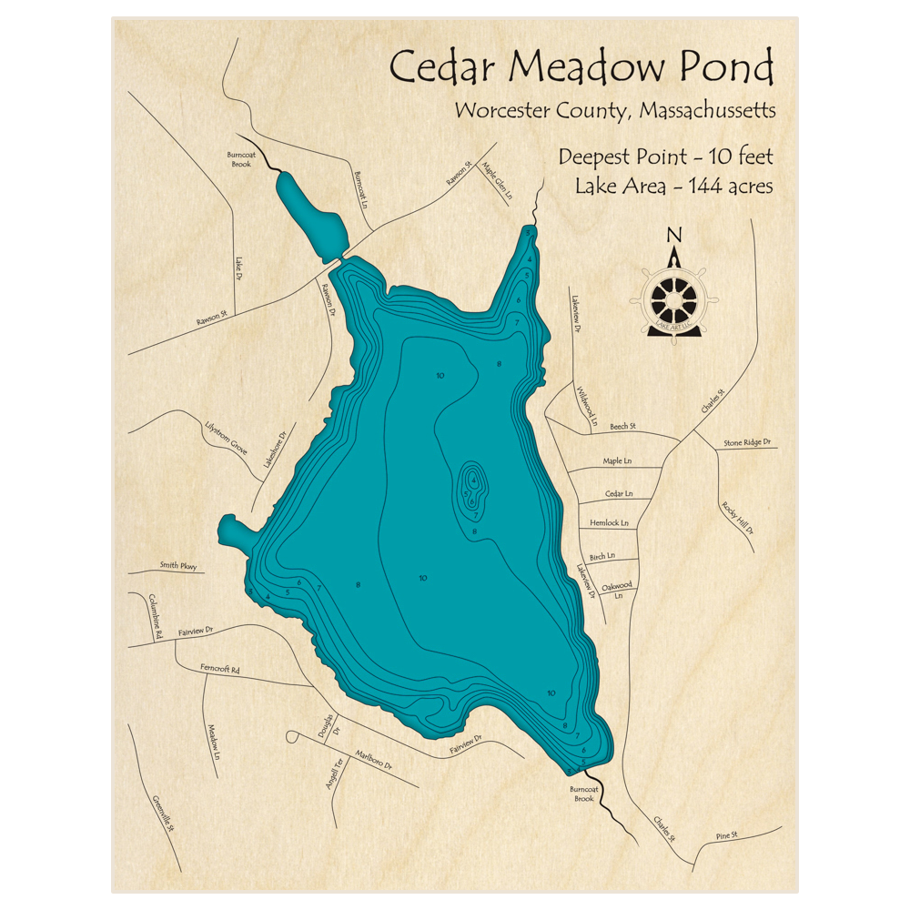 Bathymetric topo map of Cedar Meadow Pond with roads, towns and depths noted in blue water
