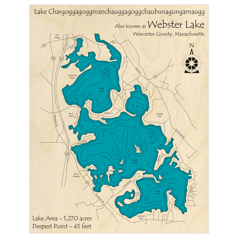 Bathymetric topo map of Lake Chargoggagoggmanchauggagoggchaubunagungamaugg (Webster Lake) with roads, towns and depths noted in blue water