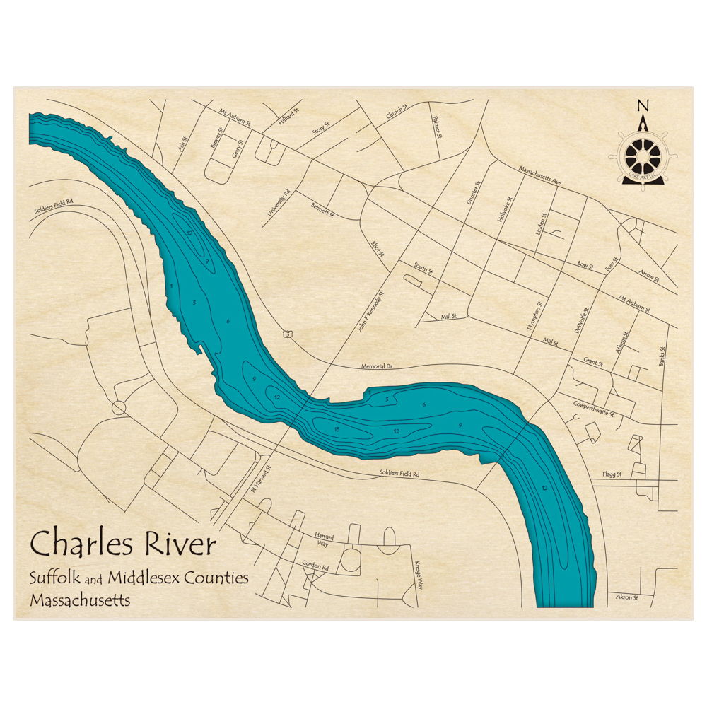 Bathymetric topo map of Charles River (at Harvard) with roads, towns and depths noted in blue water
