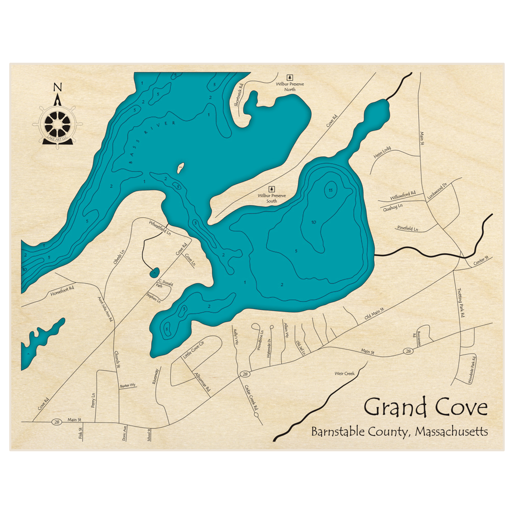 Bathymetric topo map of Grand Cove with roads, towns and depths noted in blue water