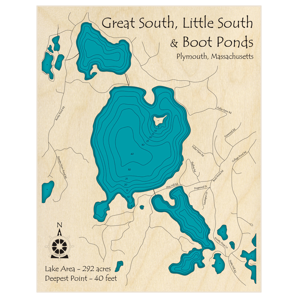 Bathymetric topo map of Great South, Little South and Boot Ponds with roads, towns and depths noted in blue water