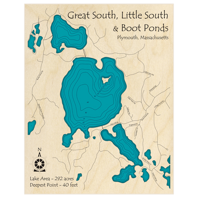 Bathymetric topo map of Great South, Little South and Boot Ponds with roads, towns and depths noted in blue water