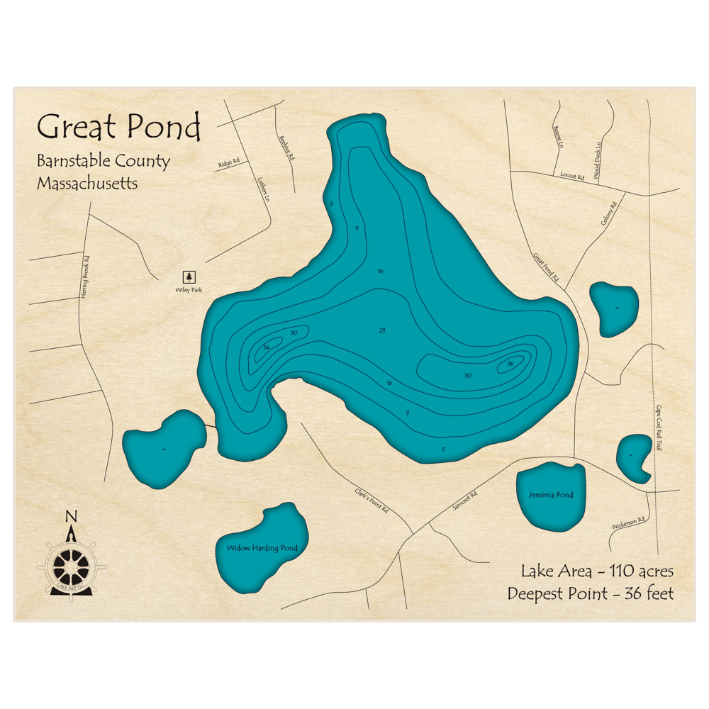 Bathymetric topo map of Great Pond (near Eastham) with roads, towns and depths noted in blue water