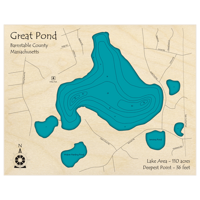 Bathymetric topo map of Great Pond (near Eastham) with roads, towns and depths noted in blue water