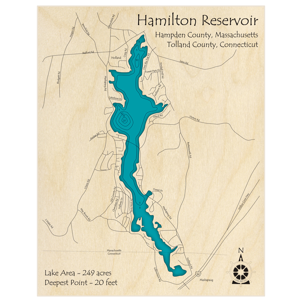 Bathymetric topo map of Hamilton Reservoir with roads, towns and depths noted in blue water