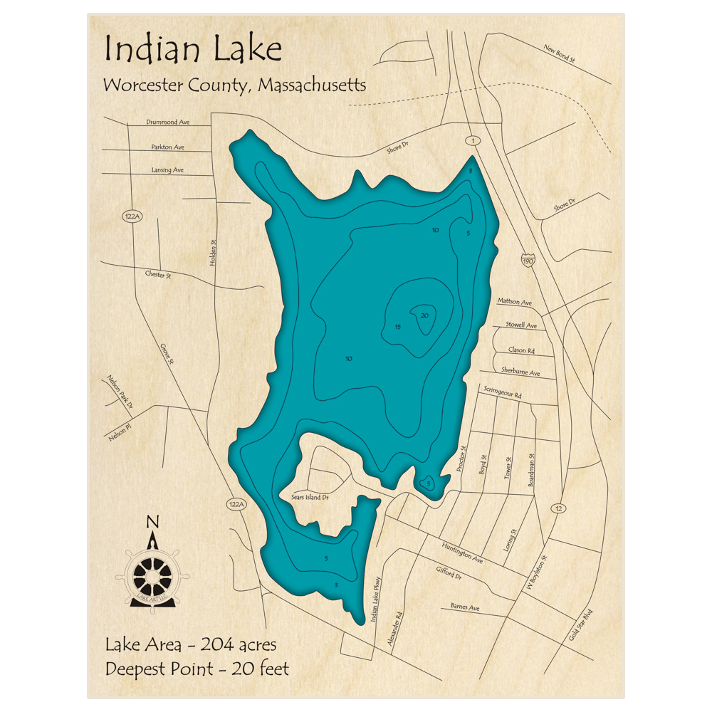 Bathymetric topo map of Indian Lake with roads, towns and depths noted in blue water