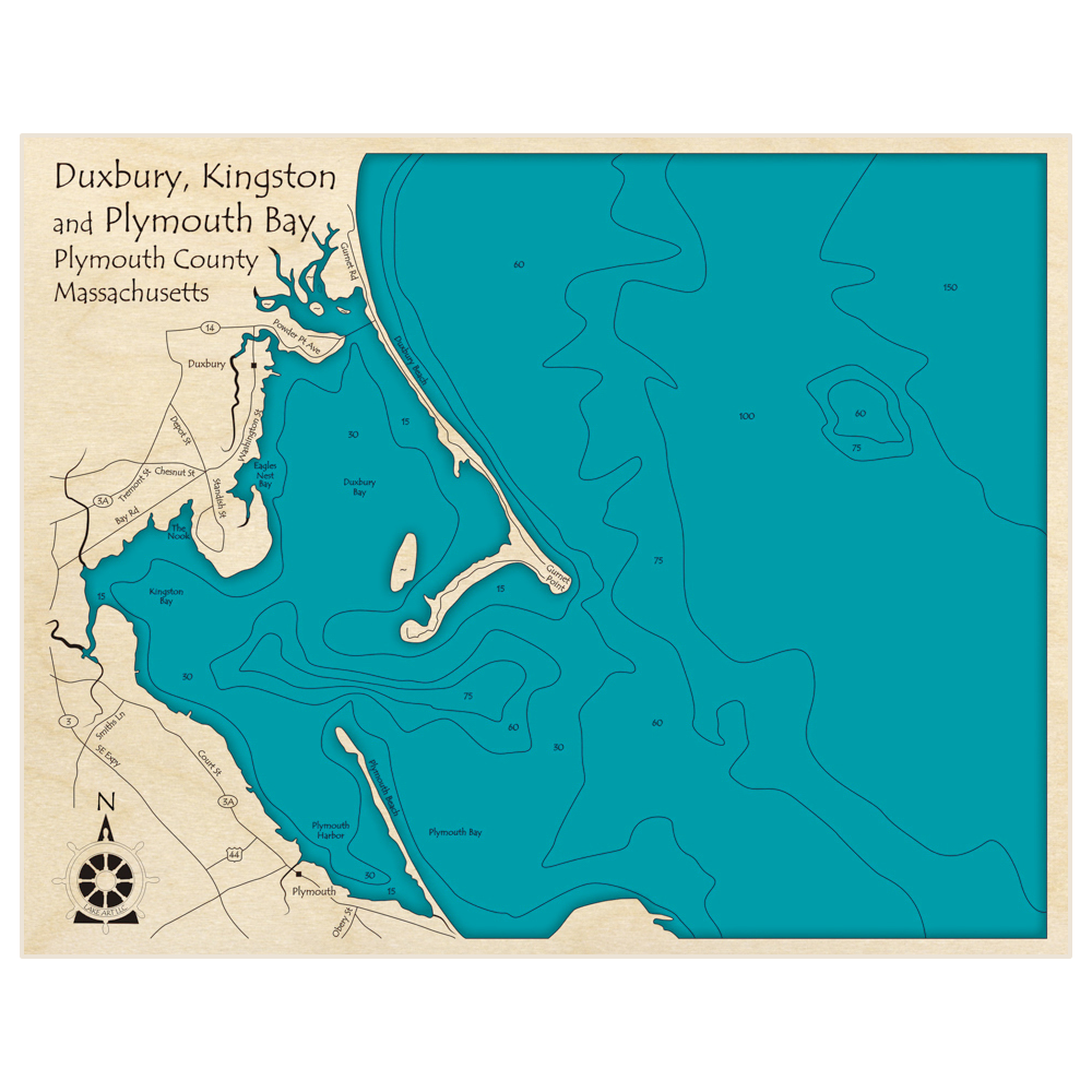 Bathymetric topo map of Plymouth Kingston and Duxbury Bay with roads, towns and depths noted in blue water