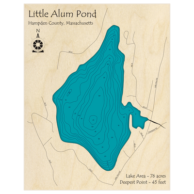 Bathymetric topo map of Little Alum Pond with roads, towns and depths noted in blue water