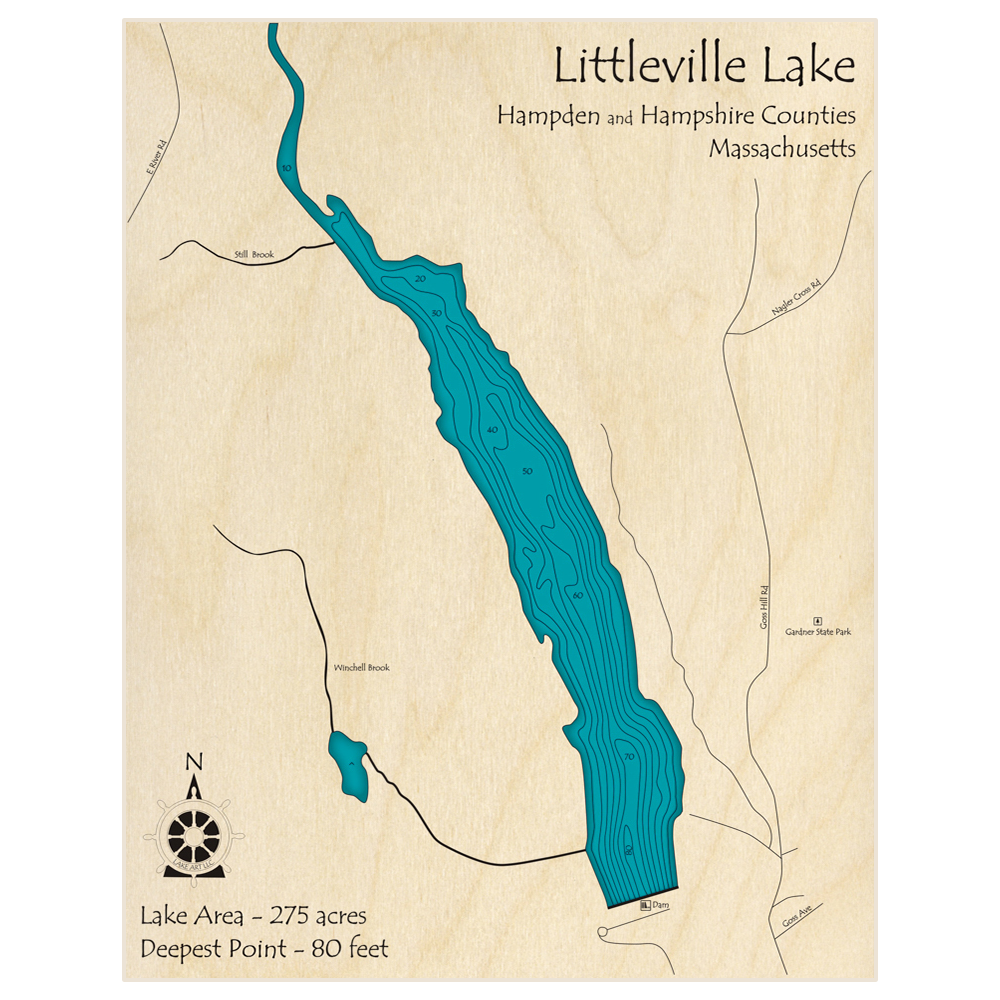 Bathymetric topo map of Littleville Lake with roads, towns and depths noted in blue water