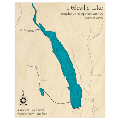 Bathymetric topo map of Littleville Lake with roads, towns and depths noted in blue water