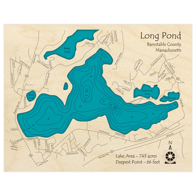 Bathymetric topo map of Long Pond (Near Pleasant Lake and Brewster) with roads, towns and depths noted in blue water