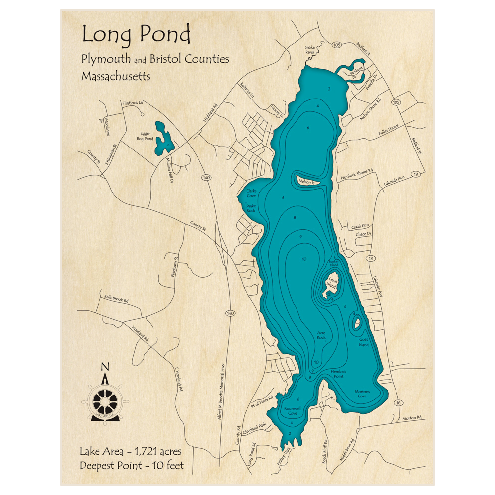 Bathymetric topo map of Long Pond (Zipcode 02347 Region) with roads, towns and depths noted in blue water