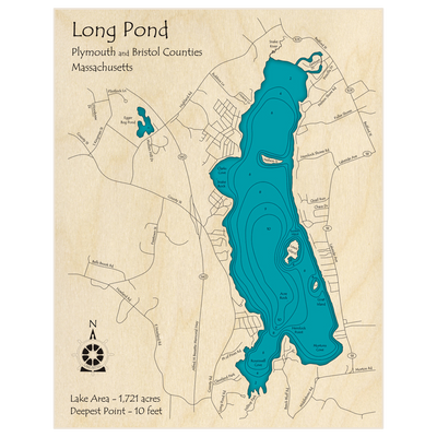 Bathymetric topo map of Long Pond (Zipcode 02347 Region) with roads, towns and depths noted in blue water