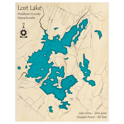 Bathymetric topo map of Lost Lake (without Knops Pond in the title) with roads, towns and depths noted in blue water