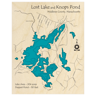 Bathymetric topo map of Lost Lake and Knops Pond with roads, towns and depths noted in blue water