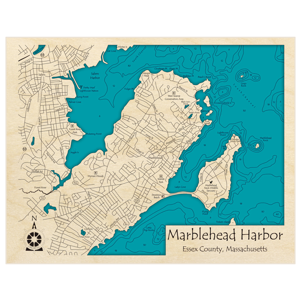 Bathymetric topo map of Marblehead Harbor with roads, towns and depths noted in blue water