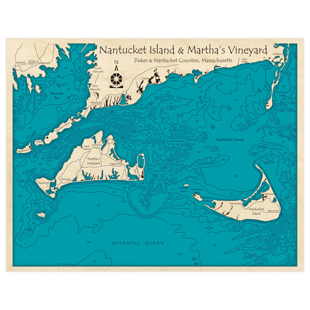 Bathymetric topo map of Nantucket Island and Marthas Vineyard with roads, towns and depths noted in blue water