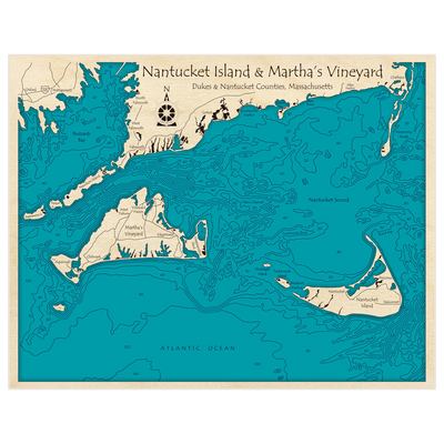 Bathymetric topo map of Nantucket Island and Marthas Vineyard with roads, towns and depths noted in blue water