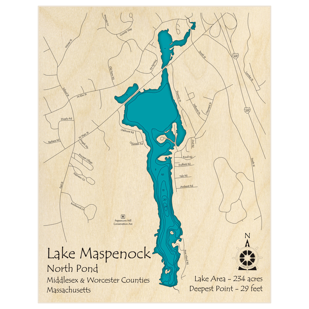 Bathymetric topo map of Lake Maspenock (North Pond)  with roads, towns and depths noted in blue water