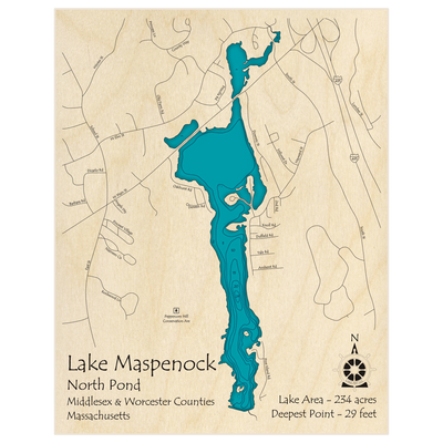 Bathymetric topo map of Lake Maspenock (North Pond)  with roads, towns and depths noted in blue water