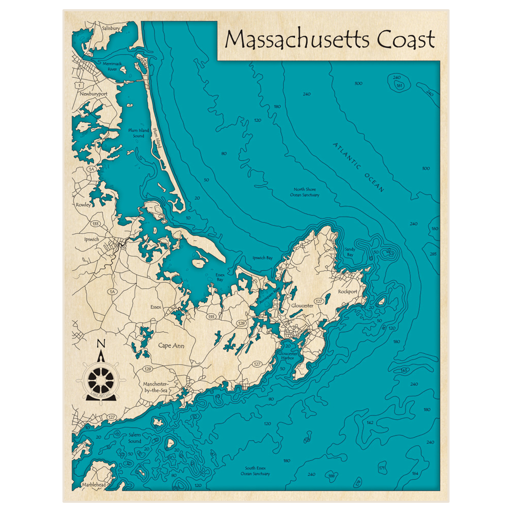 Bathymetric topo map of MA Coast and Cape Ann (Newburyport to Marblehead) with roads, towns and depths noted in blue water