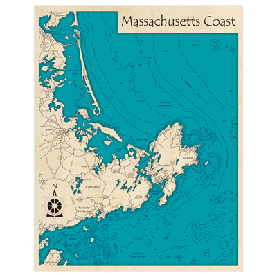 Bathymetric topo map of MA Coast and Cape Ann (Newburyport to Marblehead) with roads, towns and depths noted in blue water