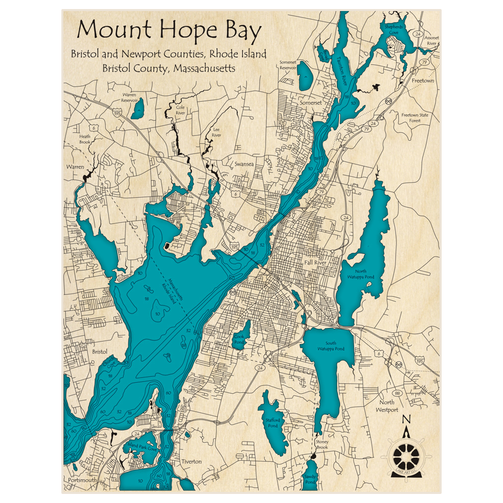 Bathymetric topo map of Mount Hope Bay with roads, towns and depths noted in blue water