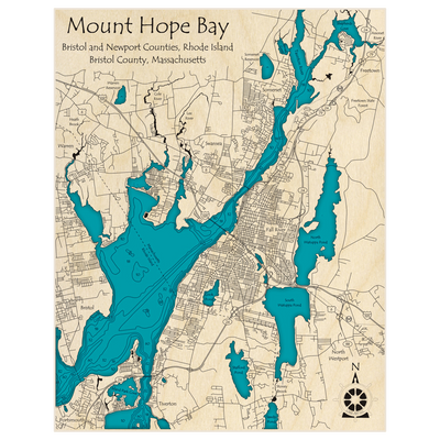 Bathymetric topo map of Mount Hope Bay with roads, towns and depths noted in blue water