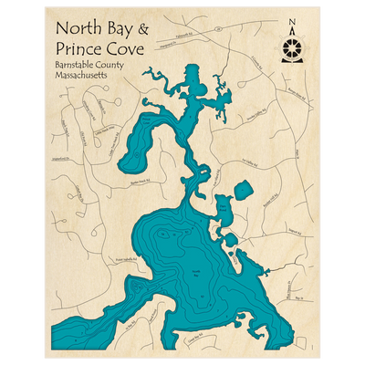 Bathymetric topo map of North Bay and Prince Cove with roads, towns and depths noted in blue water