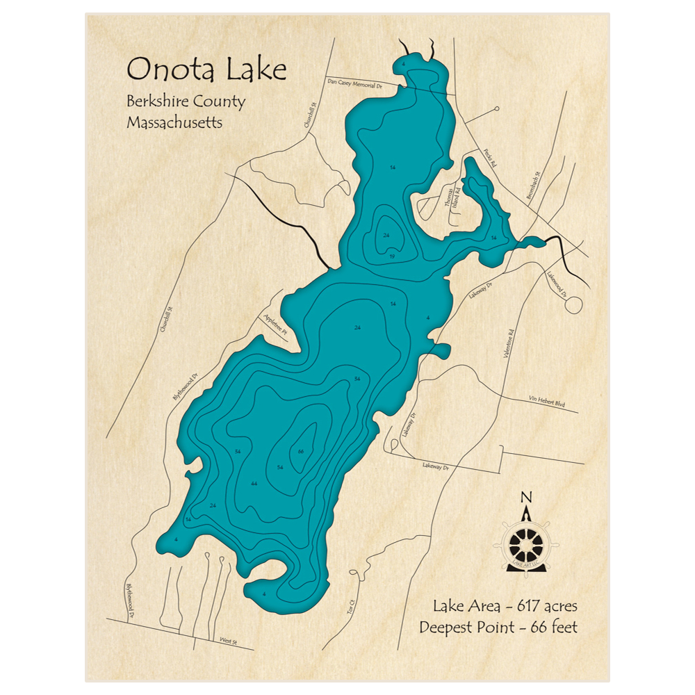 Bathymetric topo map of Onota Lake with roads, towns and depths noted in blue water