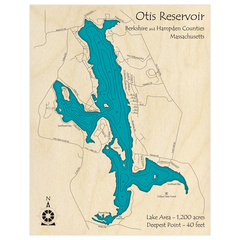 Bathymetric topo map of Otis Reservoir with roads, towns and depths noted in blue water