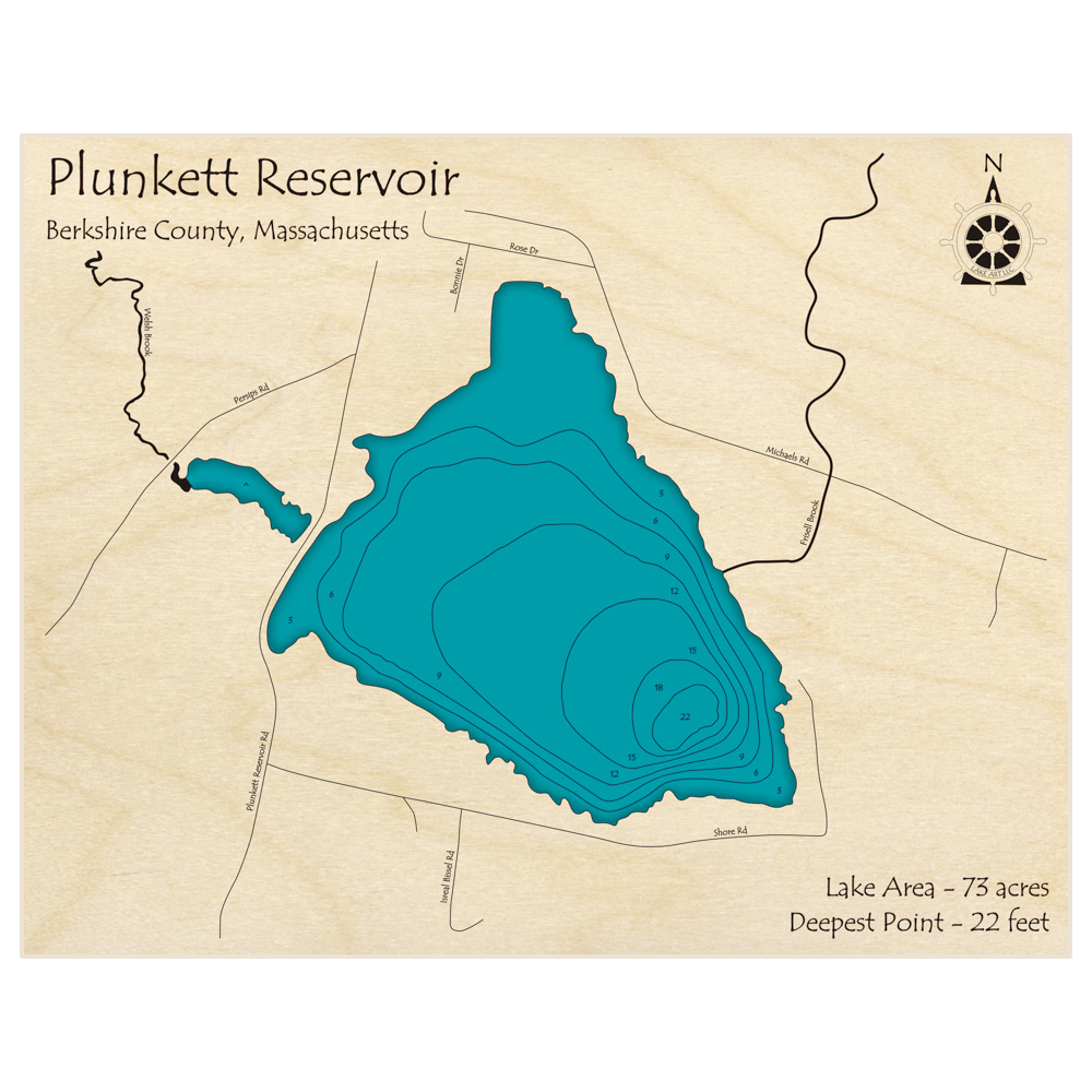 Bathymetric topo map of Plunkett Reservoir with roads, towns and depths noted in blue water