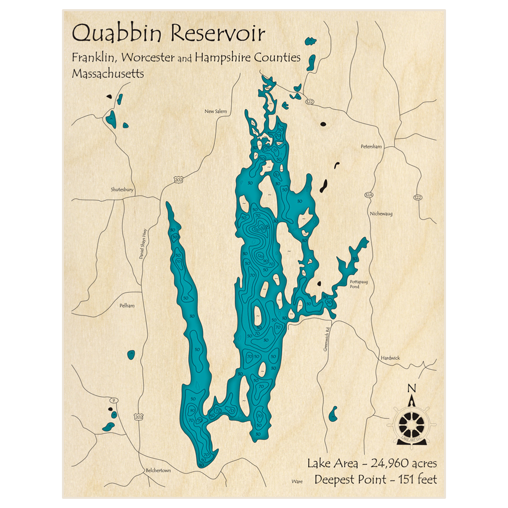Bathymetric topo map of Quabbin Reservoir with roads, towns and depths noted in blue water
